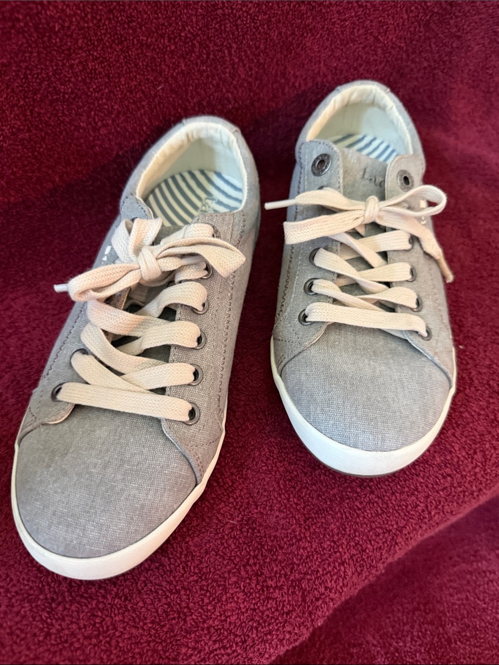 Taos Footwear Gray Canvas Sneakers with white laces.